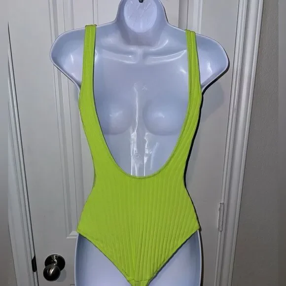 Solid and striped chartreuse ribbed swimsuit size xs - Picture 5 of 8